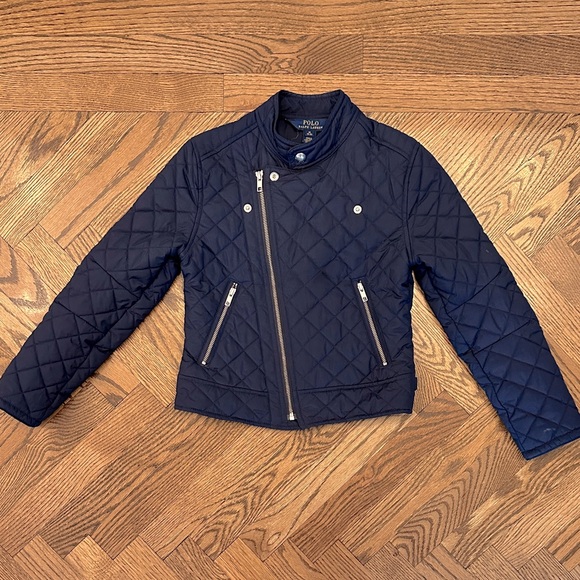 EUC Polo Ralph Lauren Girls Cropped Quilted Zip Moto Jacket Navy size M (8-10) - Picture 2 of 5